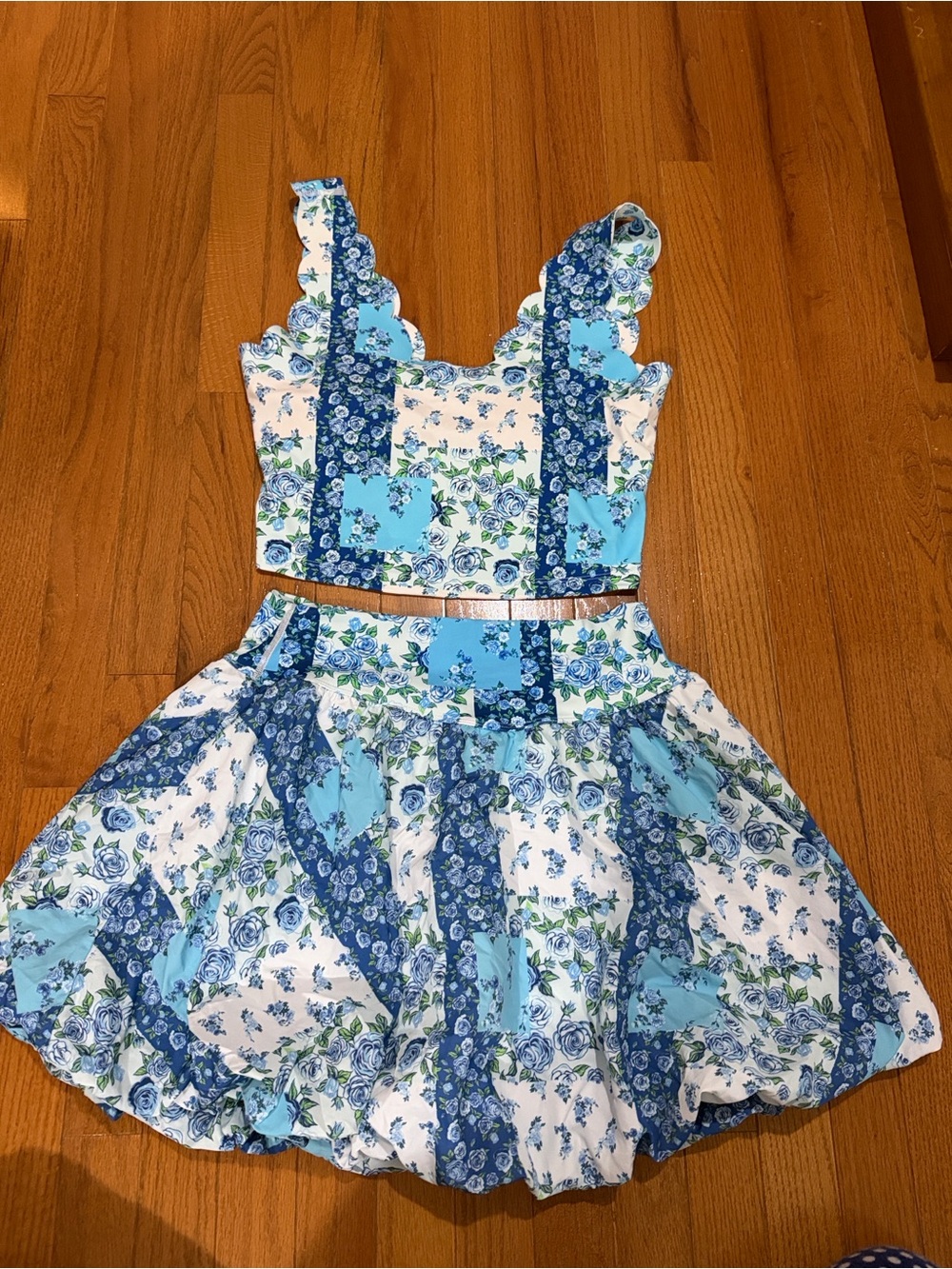 Blue Floral Patchwork Skirt and Crop Women's. Large top med bottoms! Bit fit med